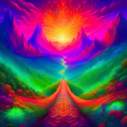 complicated, psychedelic, cinematic, moody, sharp focus, fantasy landscape, paradise, magical, high quality, 8k, digital painting, pathway to heaven, mountains, mosaic