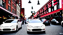 A Tesla's 'Model S Plaid' is racing at top speed, across the 'Pike Place Market', in Seattle. CINEMATIC. WIDE ANGLE LENS. PHOTO REAL.
