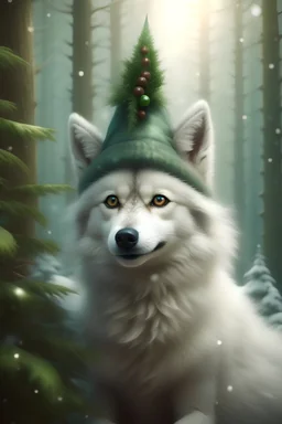 photorealistic Cute fantasy white Christmas wolf wearing a stocking hat; big pine trees all around; in the style of Clinton Blake