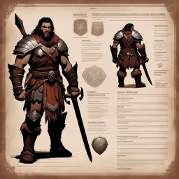 character concept sheet with AD&D statistics and characteristics, [vintage style noisy scratches glitches, Shot the texture and then rewound the film and double exposed the face] a Barbarian ranger with his leather armour, his broad sword and his small iron shield
