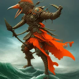 an ibis warrior in orange and green full battle armor, a highly detailed illustration, background of crashing ocean waves, realistic render, 8 k, micro detail, intricate, elegant, centered, digital painting, Artstation, smooth, sharp focus, illustration, artgerm, tomasz alen kopera, peter mohrbacher, donato giancola, joseph christian leyendecker, wlop, boris vallejo