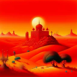 A red kingdom in a scorching desert designed in Indian Gond art painted by Ivan Aivazovsky