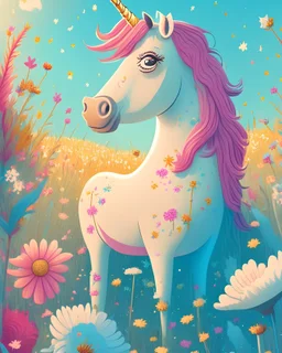 A whimsical illustration of a unicorn in a field of flowers, in the style of children's book illustrations, soft colors, playful details, 8k resolution