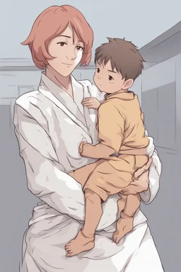 Mother holds her son , anime style