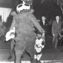 Creepy old photo of rainbow zippy monster chasing children at new year