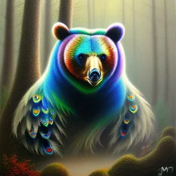 bear peacock, fine pencil, spray paint, chalk, blurred forest background, mist, sunrays