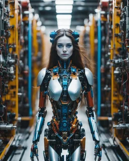 potrait cinematography colors a beautiful face woman long hair humanoid robot mechanical walking in between two rows of complex machinery with vibrant colors