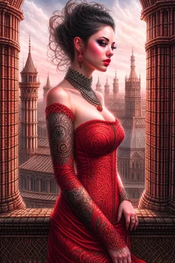 beautiful alluring tattooed female vampiress in thin red dress standing on top of the gothic cathedral top view. Luis Royo, Steve Hanks, hyper-detailed, hyperrealistic, digital art, detailed background, dark fantasy, cinematic, vibrant pastel colours