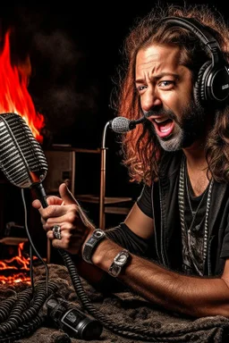 Man firestarter with a microphone in hand, hard rock man and metal radio host sleeping in the background