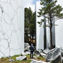 Un'immagine di un paesaggio naturale con marmi imponenti accanto a strutture artificiali verticali e alberi. Queste strutture sembrano blocchi rettangolari riflettenti, come colonne di vetro, che creano un contrasto tra il naturale e l'artificiale. Brutalista. Persona osserva. bianco con venature e solchi. Nero. La scena trasmette un senso di sospensione e dialogo tra elementi organici. Dettagli degli specchi e delle rocce molto accentuati.