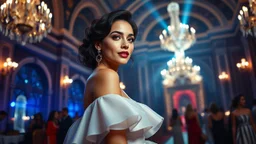 a modern luxury victorian big hall with this tema with a night party with people and pretty ladys ,Glamorous woman in elegant midi gown posing in close up with full body shot and cute and joy spotlight, cinematic lighting, photorealistic, fashion magazine styletion, Vogue editorial aesthetic.