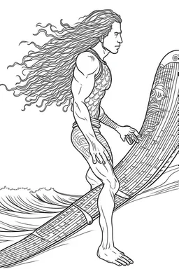 Outline art for coloring page OF A BUFF SURFER WITH LONG CURLY KINKY HAIR WITH HIS BACK TO US CANNOT SEE FACE WEARING SHORTS RIDING A WAVE IN HAWAII, coloring page, white background, Sketch style, only use outline, clean line art, white background, no shadows, no shading, no color, clear