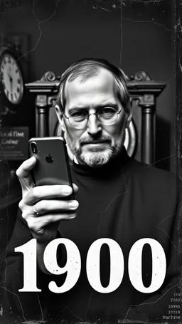 An old picture style of black and white and very bad quality old camera with cracks of Steve jobs holding an IPhone the year 1900 in the background a Time Machine