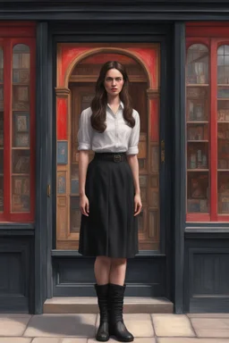Photorealistic image of a young woman with dark hair, in a black ankle length skirt, boots and shirt, standing outside an old magic shop front with large red painted multi-paned picture windows on either side of a multi-paned doorway.