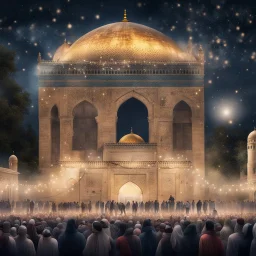 Hyper Realistic lots of people celebrating outside al-aqsa mosque with garland lights at night with stars on sky