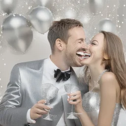 Photograph of a happy couple celebrating with silver party decoration.