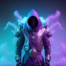 purple galaxy masked hooded super villain, weapons in hands, teal and purple smoke, full portrait, hyper realistic, 4k