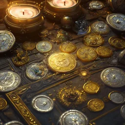 dynamic lighting, Intricately detailed, Splash screen art, deep color, Unreal Engine, volumetric lighting, silver coins, gold coins, silver treasure, stacked coins, indoors, candle, altar, black table, sigil,