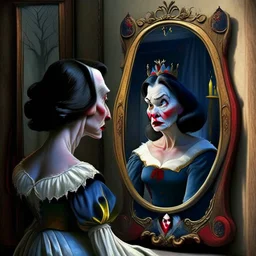 Snow White's stepmother stands in front of the mirror and asks a mirror, a mirror on the wall, who is the most beautiful of them all? From the mirror she sees a picture of an ugly and disgusting witch