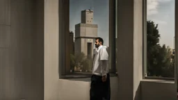 a big man in a modern street in Tehran with a tower.