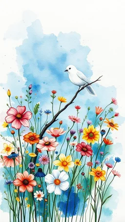 a smear . Field of wild a colorful flowers watercolor drawing on a blue splash colors background with a beautiful white bird on a tree branch