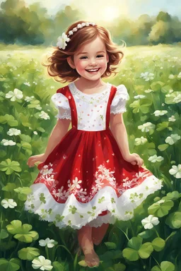 Adorable digital painting of a cute little girl in a gorgeous red and white dress smiling in a field surrounded by clover, high quality