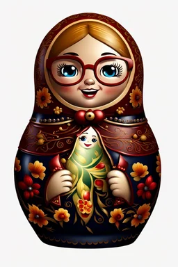 draw a Russian matryoshka doll in the style of Khokhloma, the matryoshka is smiling, the matryoshka has a smartphone in her hands, a frontal angle, a picture on a white background, the matryoshka is drawn entirely, a highly detailed 3d picture