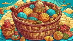 Fantasy cartoon illustration: an Eastern basket full of delicious Eastern treats