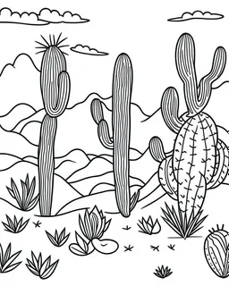 outline art for bold and easy coloring pages with A very simple and super minimal design a beautiful cactus landscape., white background, sketch style, fully body, only use outline, cartoon style, clean line art, white background, no shadows and clear and well outlined