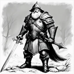 (black and white traditional pencil sketch digital drawing on paper by Ray Harryhausen) the senior AD&D dwarf ranger character class. Weapon: broad sword and long dagger, armour: preference for medium, powers: track, hide in wild, convince