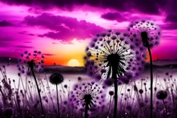 dark purple Sunset with big black Dandelions, , high textures, surreal, weird, white-black colors, silver rain, sharp focus, splash art, intricately detailed, mystic, dark stunning mood