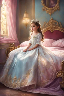 a little girl in a princess dress sitting on a bed, beautiful princess, fairytale artwork, disney artist, disney art, beautiful fantasy painting, sleeping beauty fairytale, very beautiful fantasy art, cgsociety 9, princess, fairy tale illustrations, realistic cute girl painting, photorealistic disney, princess girl, disney princess, fairy tale style background, princes jasmin, artificial intelligence princess