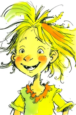 A whimsical colored illustration by Quentin Blake depicting a cute, funny happy 5 year old girl with yellow unkempt hair, wearing tufts of hair high on her head and wearing a bow.