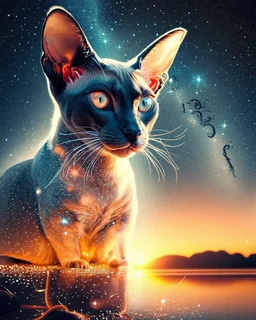 lora:Double Exposure Flux:1.0> A Oriental shorthair Siamese cat Against stars background Hyperealistic bioluminescent double exposure of Intricate Elaborate Double Exposure :: transparent cthulhu :: white background :: sunset+technology+memories inside double exposure art :: transparent layers by Photoshop Layers :: post processed double exposure art :: inspired by Surrealism+Pointillism+Double exposure art