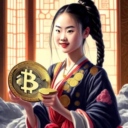 Bitcoin cryptocurrency in the hands of a traditional chinese girl, dragon