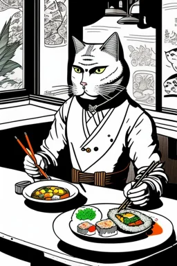 Cat, sitting at a table, eating sushi,perfect iris, ink and pencil, style Tintin