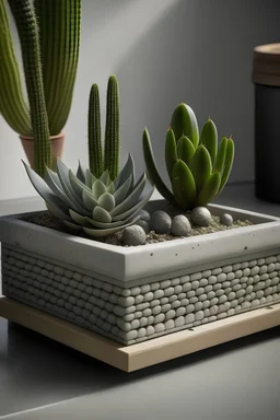 Generate a realistic image of a mini concrete succulent planter with a Zen garden-inspired design, incorporating subtle raked patterns and minimalistic elements."