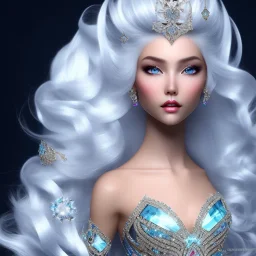 Ice Princess with white hair, a crown with precious stones, bright background