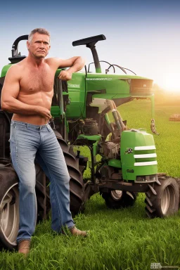 full body of a 50 years old farmer shirtless with a very big bulge and hairy under the sun near a tractor hyper-realistic