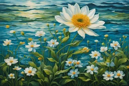 A lifelike thick water reflecting flower blooms amidst a serene ocean meadow, its intricately woven petals and stem radiating realism and rich detail.