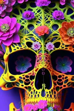 Elaborate skeleton lattice with multicolored blooming alien flowers growing through it.