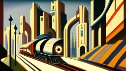 Train track with buildings and a carriage, Italian futurism style, in a cityscape.