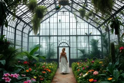 Victorian greenhouse overtaken by jungle, exotic birds nesting in iron rafters, morning mist, lost paradise atmosphere,a pretty model lady as queen walking in flowers