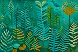 A teal jungle with serpents painted by Paul Klee