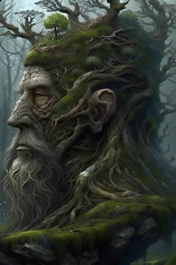 bearded man's head made of ancient weathered stone with a landscape growing on it admidst trees, roots and vines and moss. matte painting by Tomasz Alen Kopera, Dariusz Zawadzki, Zdzisław Beksiński, surreal, colourful, concept art, award winning. razor sharp quality