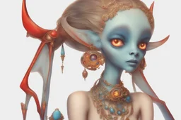 { mature woman, young man, little girl } with { red, blue, amber} skin looks like an alien, long neck, ear like bat wings, big eyes, beautiful, little hair, royal with jewlery, photorealistic, elongated head, skin decorations --v 6