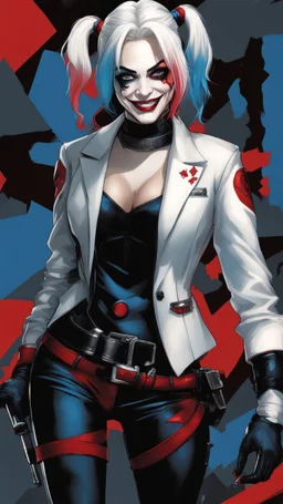 Harley Quinn, black suit, white hair and blue and red details on it, evil smile