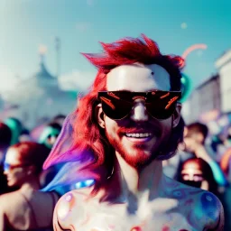 Ultra Realistic photo, medium shot view, drunken dancer bikini woman, carnival scene, monster hair, steampunk. Red hair, confeti, Sunglasses, smile, happy, festival. ovni, alien, gradient color fog. highly detailed, concept art, unreal engine 5, ray tracing, RTX, lumen lighting, ultra detail, volumetric lighting, 3d, finely drawn, high definition, high resolution.