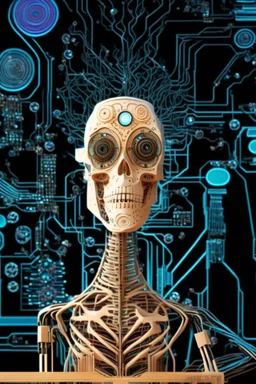 "AI Overlord" portrays a robot in front of a circuit board with the head being a television showing a talking head and the body being a skeleton dressed in a couture suit made from elaborately detailed quilling found in nature; neo-surrealism