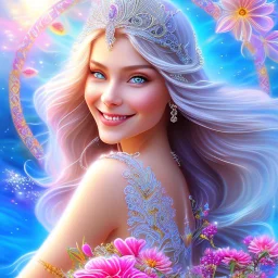 Beautyful smiling young woman, long hair amazing blue eyes, flowers, happy cosmic, bright colors, blue, pink, gold, jewels, realistic, photo real, clear sunny background, highly detailed, high contrast, 8k high definition, unreal engine 5, extremely sharp detail, light effect, sunny light background